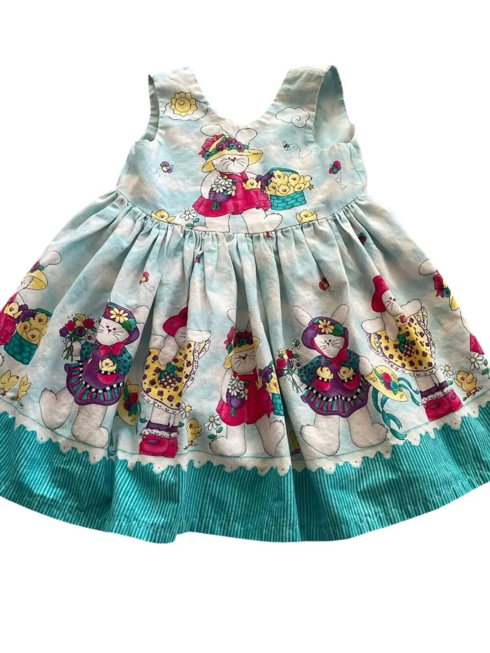Daisy Kingdom ? Handmade Sun Dress 3T Blue Bunny Chicks Cloud Print Easter